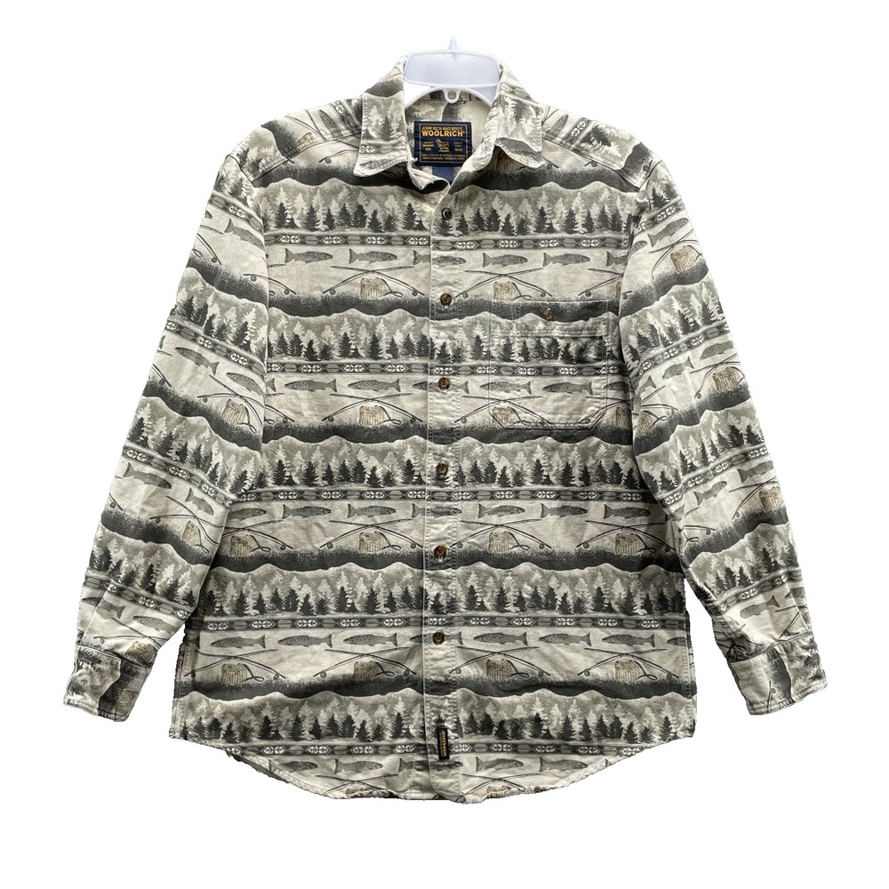 Woolrich Shirt Men's Large Fishing Print Outdoors Camping 90s Workwear Hike Hunt